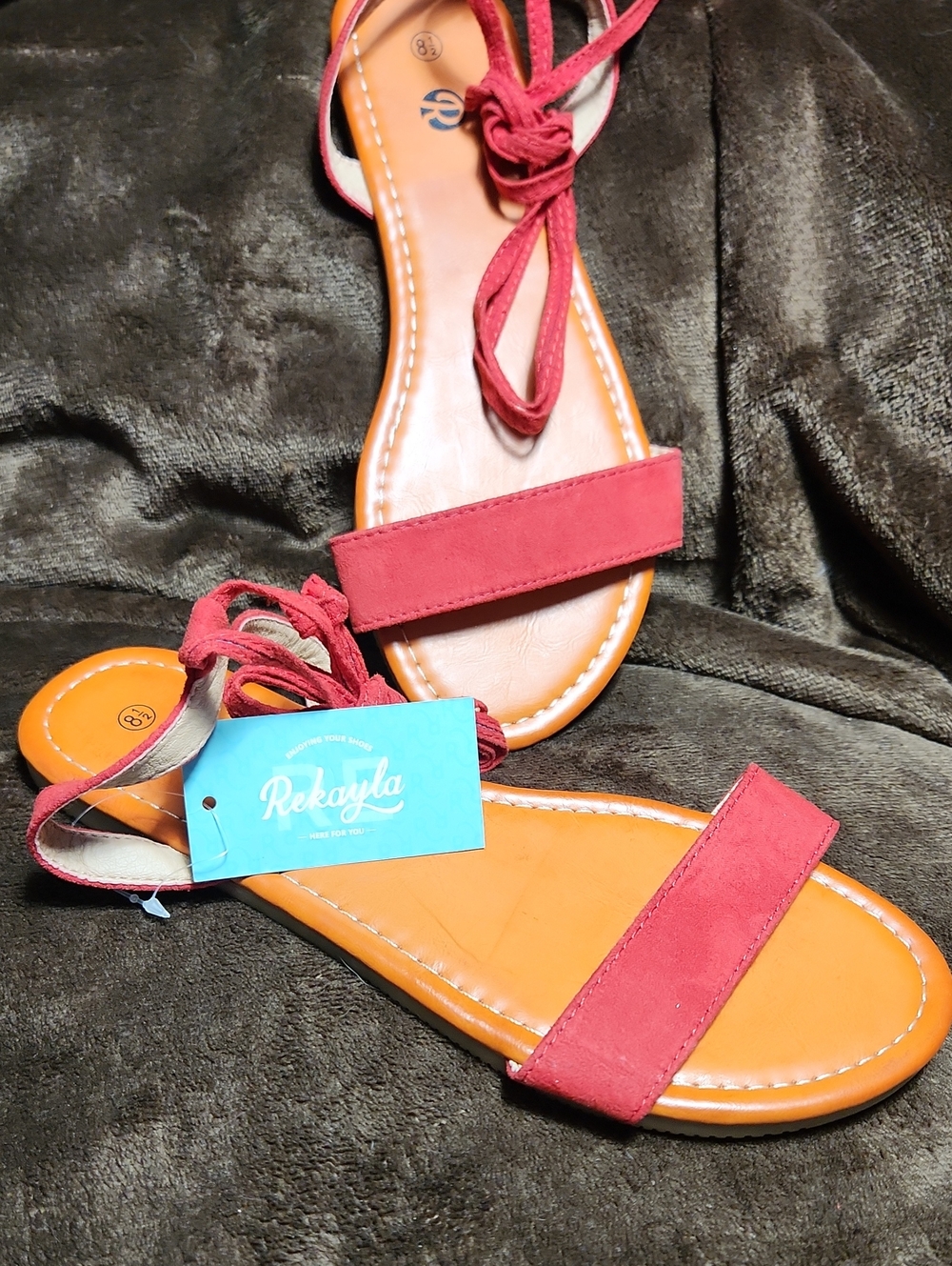 Women's Red Lace-Up Flat Sandals Size 8.5 REKAYLAS Leather Uppers